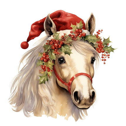 Horse wearing a Santa hat fabric panel