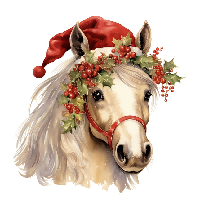 Horse wearing a Santa hat fabric panel