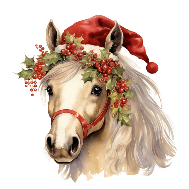 Horse wearing a Santa hat with holly and berries cotton fabric panel