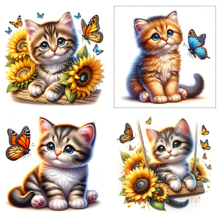 4 Piece 6"x6" Floral Kittens Cats 100% Cotton Fabric Panel Squares Quilting Blocks