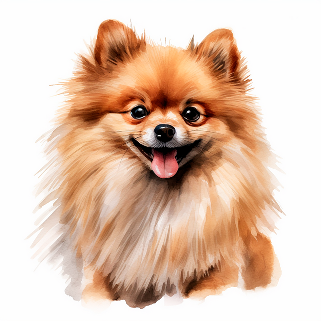 A digitally printed 100% cotton fabric panel featuring a block image of a Pomeranian dog with a smiling expression.