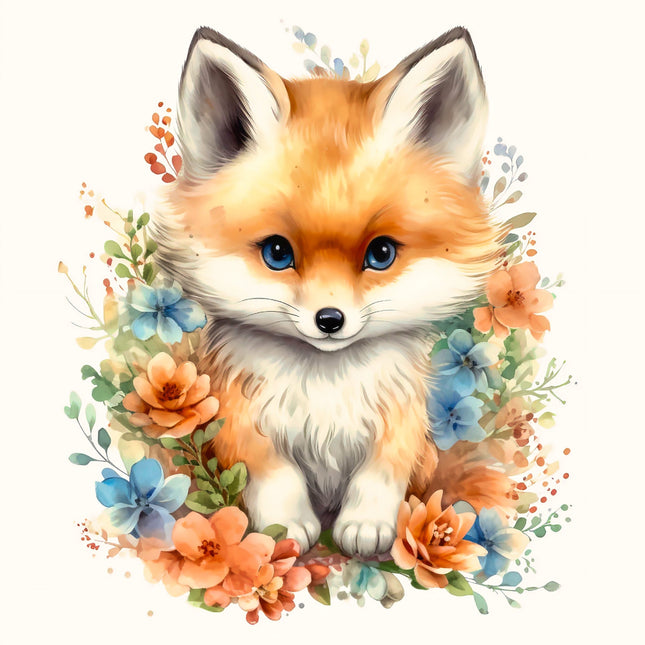 A digitally printed 100% cotton fabric panel featuring a cute baby fox