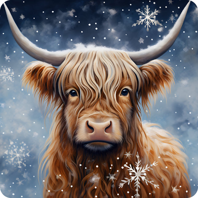 A digitally printed 100% cotton fabric panel featuring a Highland cow with snowflakes in the background.