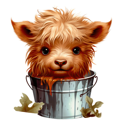 Highland Cow in Bucket 100% Cotton Fabric Panel Block L1531