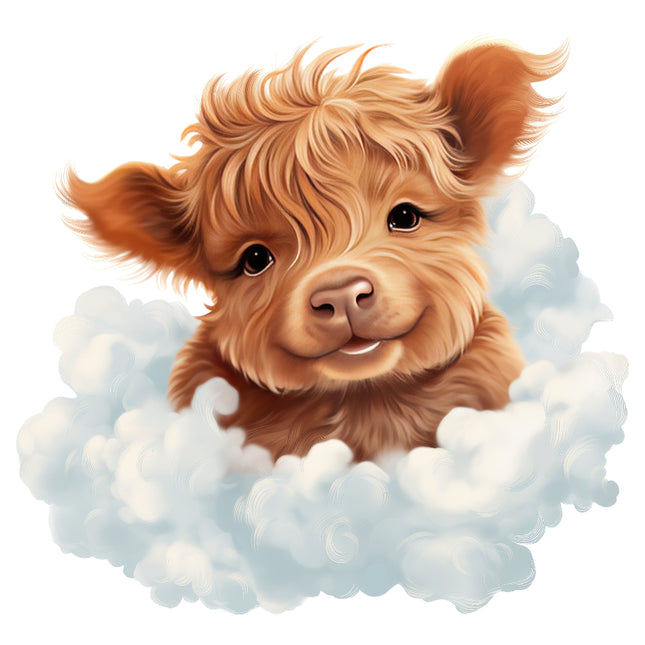 A digitally printed fabric panel featuring a cute baby Highland cow