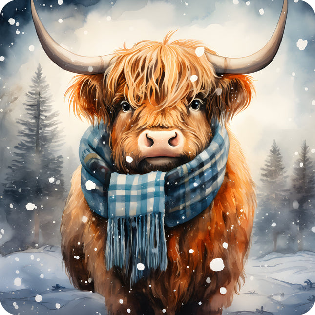 A digitally printed 100% cotton fabric panel featuring a Highland cow with a scarf in a wintery scene.