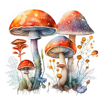 A digitally printed 100% cotton fabric panel featuring a block of colorful mushrooms 