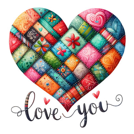 Colorful quilted heart design with 'love you' fabric panel