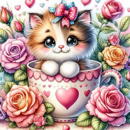 A fabric panel featuring a digitally printed design with a cute cat inside a teacup, surrounded by roses and hearts.
