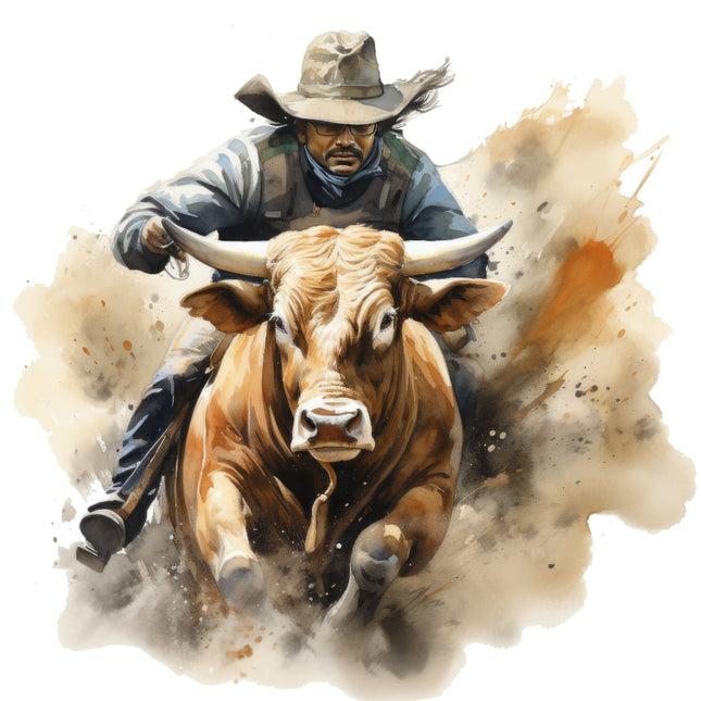 A digitally printed fabric panel featuring a cowboy riding a bull, with splashes of brown and beige around them, representing a rodeo scene.