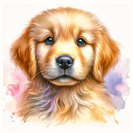 A digitally printed fabric panel featuring a portrait of a golden retriever puppy with a watercolor effect background in multicolor.