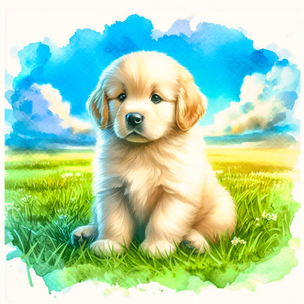 A digitally printed fabric panel featuring a golden retriever puppy sitting on grass with a blue sky and clouds in the background.