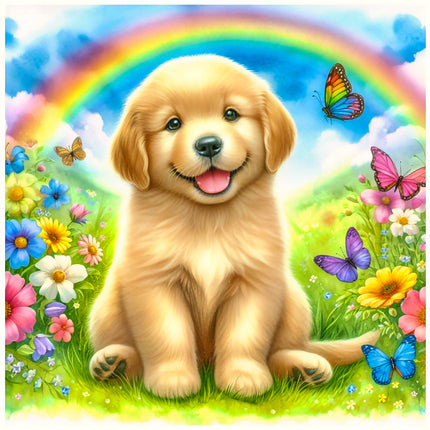 A fabric panel featuring a digitally printed image of a golden retriever puppy sitting in front of a colorful background with flowers and butterflies.