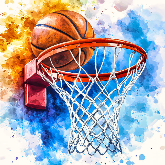 A digitally printed 100% cotton fabric panel featuring a basketball hoop and a ball with a colorful abstract pattern in the background.