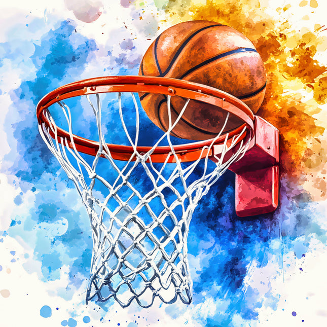Basketball dunking into a hoop with a colorful watercolor background fabric panel