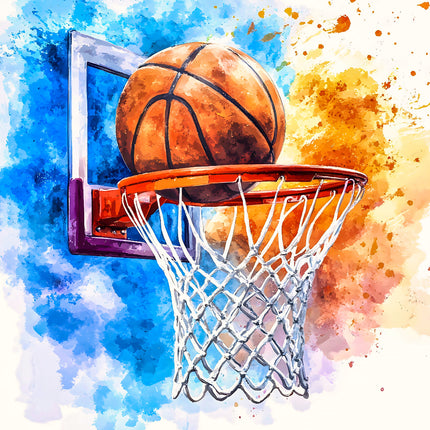 A digitally printed 100% cotton fabric panel featuring a basketball in mid-air with a hoop and net, set against a multicolored abstract background.