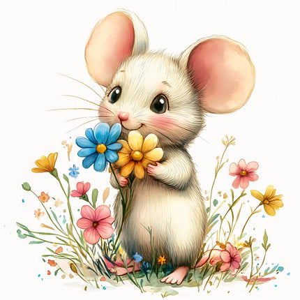 A digitally printed fabric panel featuring a cute mouse holding a blue flower, surrounded by an array of colorful flowers 