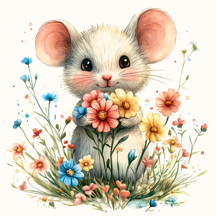 A digitally printed 100% cotton fabric panel featuring a cute mouse holding colorful flowers, with a background of green grass and various flowers.
