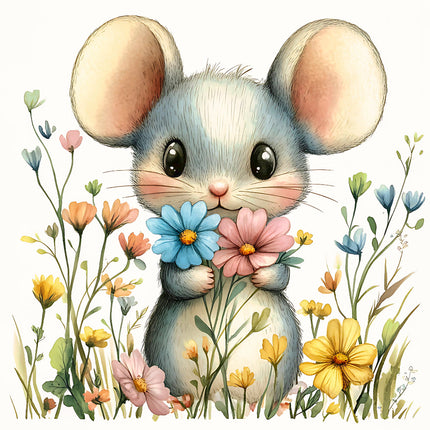 A digitally printed 100% cotton fabric panel featuring a cute mouse holding a blue flower