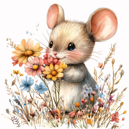 A digitally printed 100% cotton fabric panel featuring a cute mouse holding a bunch of colorful flowers, with a background of a field of flowers.
