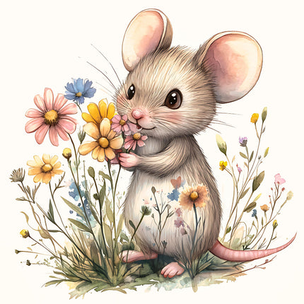 A digitally printed 100% cotton fabric panel featuring a cute mouse holding a flower, surrounded by a field of various flowers.