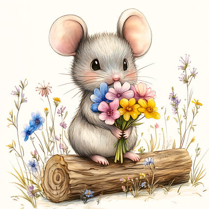 A digitally printed 100% cotton fabric panel featuring a cute mouse holding a bouquet of colorful flowers