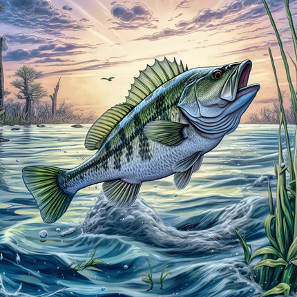 A digitally printed 100% cotton fabric panel featuring a leaping bass fish in a water setting with grass and water effects.