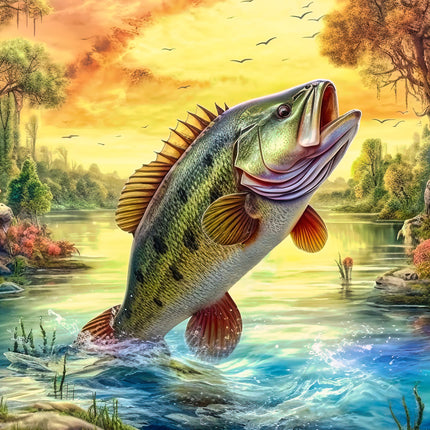 A digitally printed 100% cotton fabric panel featuring a leaping bass fish in a freshwater setting with trees and a sunset in the background.
