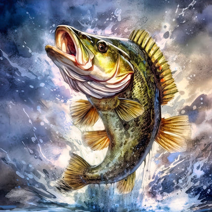 A digitally printed 100% cotton fabric panel featuring a leaping bass fish with a splash of water around it.