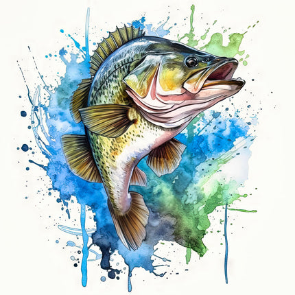 A digitally printed 100% cotton fabric panel featuring a leaping bass fish with a colorful watercolor splash background.