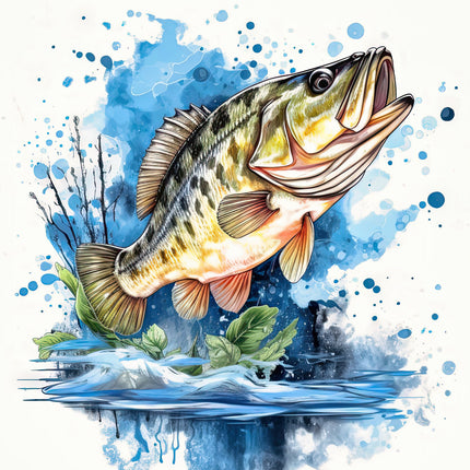 A digitally printed 100% cotton fabric panel featuring a leaping bass fish with a water and splash background.