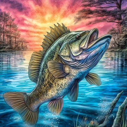 A digitally printed 100% cotton fabric panel featuring a leaping bass fish with a vibrant multicolored background.
