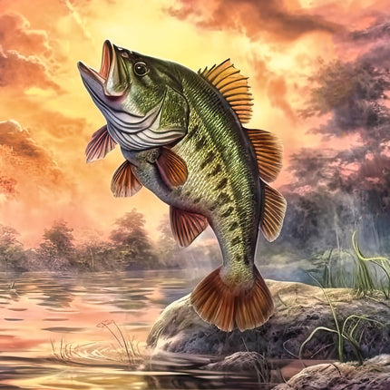 A digitally printed 100% cotton fabric panel featuring a leaping bass fish against a sunset background.