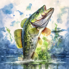 A digitally printed 100% cotton fabric panel featuring a leaping bass fish with a watercolor effect background.
