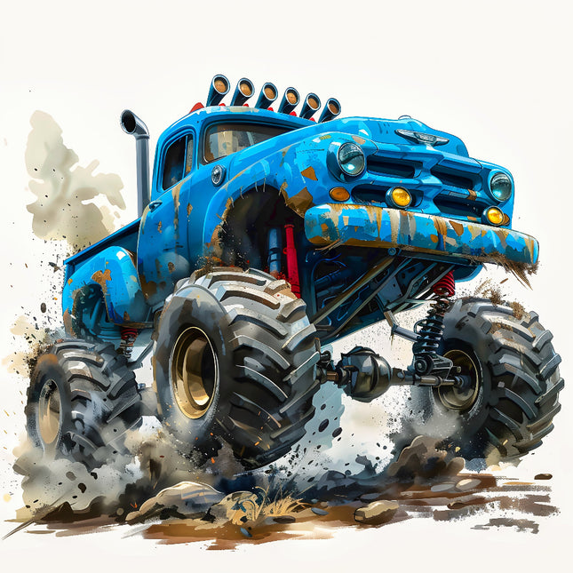 blue monster truck with large wheels fabric panel