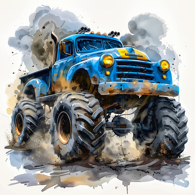 An illustration of a blue monster truck with large tires, lifting dust behind it, digitally printed on fabric.