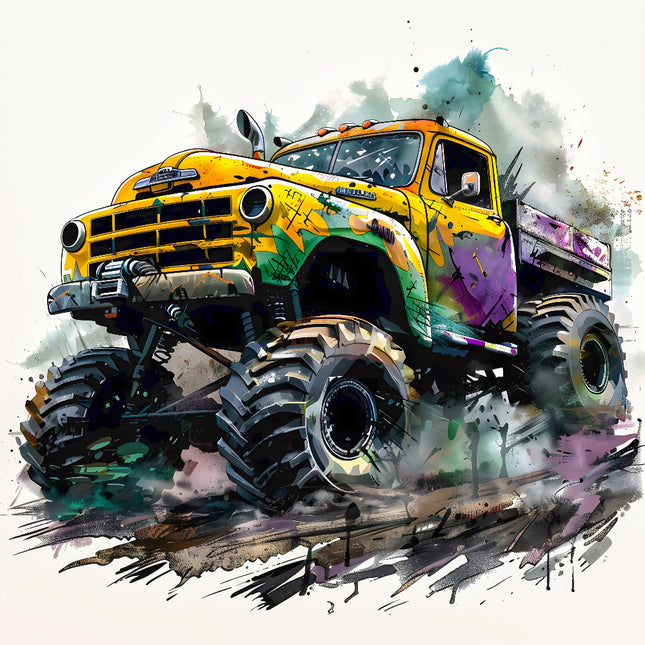 A digitally printed 100% cotton fabric panel featuring a colorful monster truck design.