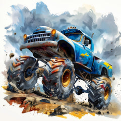 A digitally printed 100% cotton fabric panel featuring a blue monster truck