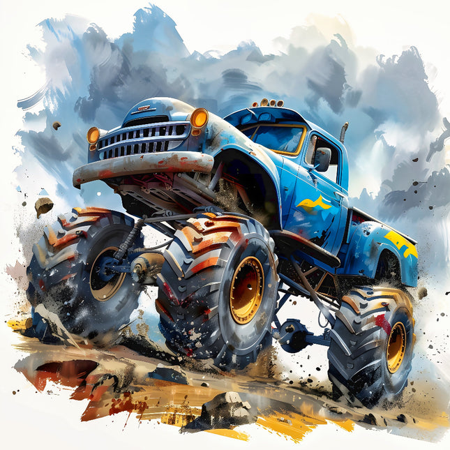 A digitally printed 100% cotton fabric panel featuring a blue monster truck