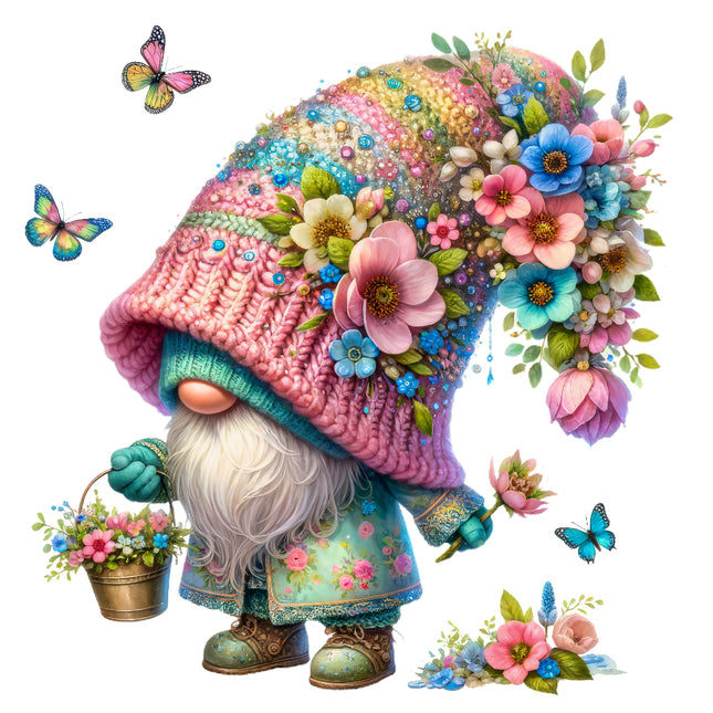 A colorful fabric panel block featuring a floral gnome