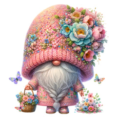 A digitally printed 100% cotton fabric panel featuring a floral gnome with a basket of flowers and butterflies.