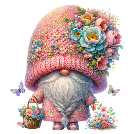 A digitally printed 100% cotton fabric panel featuring a floral gnome with a basket of flowers and butterflies.