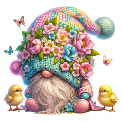 A colorful digital print fabric panel of a gnome with a floral hat, surrounded by butterflies and two chicks
