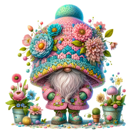 A colorful digital illustration of a gnome with a flower hat and garden-themed clothing, standing beside potted plants and flowers.