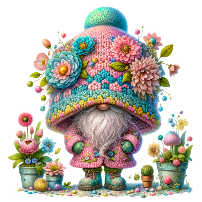 A colorful digital illustration of a gnome with a flower hat and garden-themed clothing, standing beside potted plants and flowers.