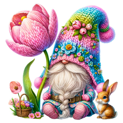 A colorful digital print of a gnome sitting next to a large pink flower