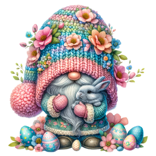 A colorful illustration of a gnome wearing a knit hat with floral patterns, sitting among Easter eggs and spring flowers.