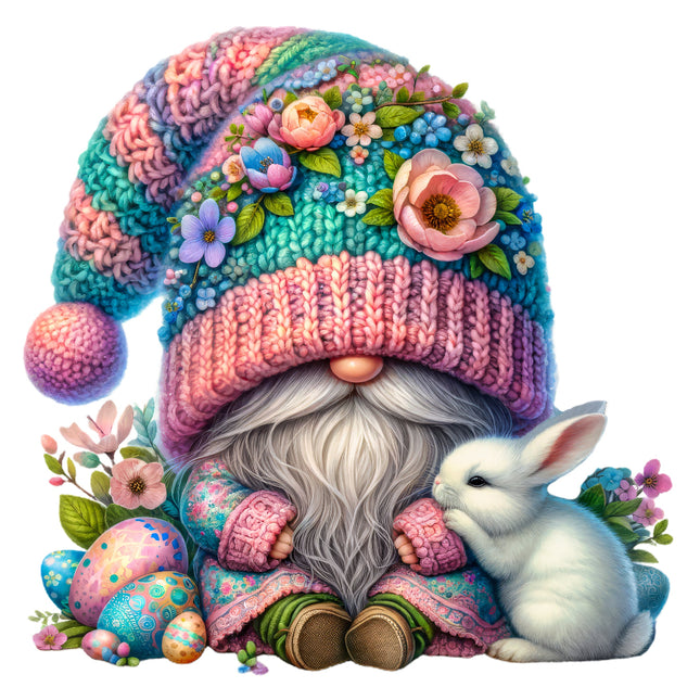 A colorful fabric panel featuring a floral gnome with a pink and blue knitted hat, sitting beside an Easter egg and a small white bunny, on a white background.