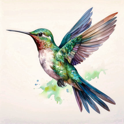 A digitally printed fabric panel featuring a hummingbird with green, blue, and red feathers on a white background.