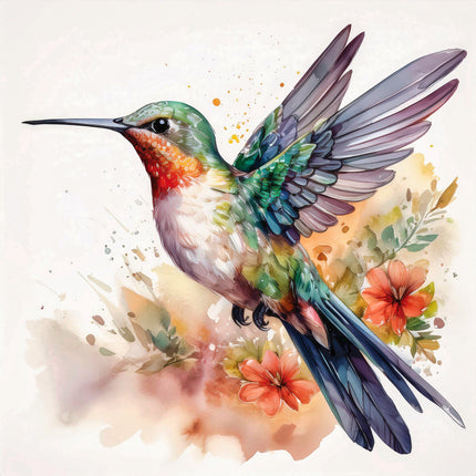 A digitally printed 100% cotton fabric panel featuring a hummingbird with a red throat, green body, and wings with a mix of blue and green colors, surrounded by pink and orange flowers.